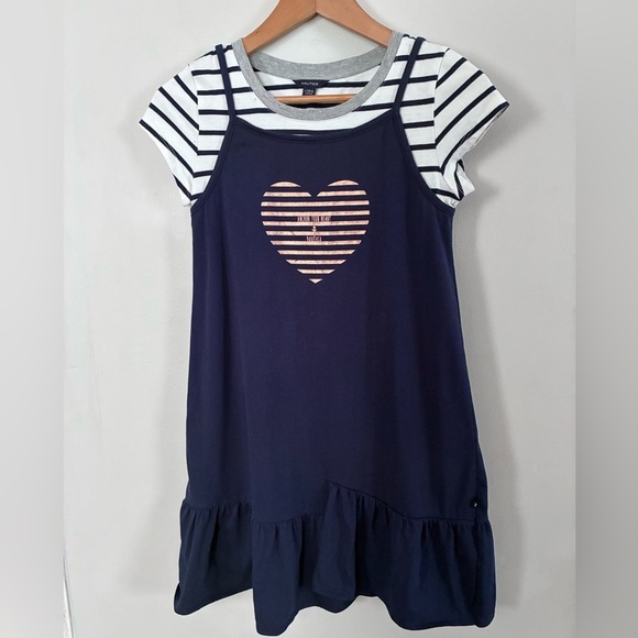 Nautica Girls Heart Logo +Striped Twofer Dress Sz Large 12-14 - Picture 2 of 5